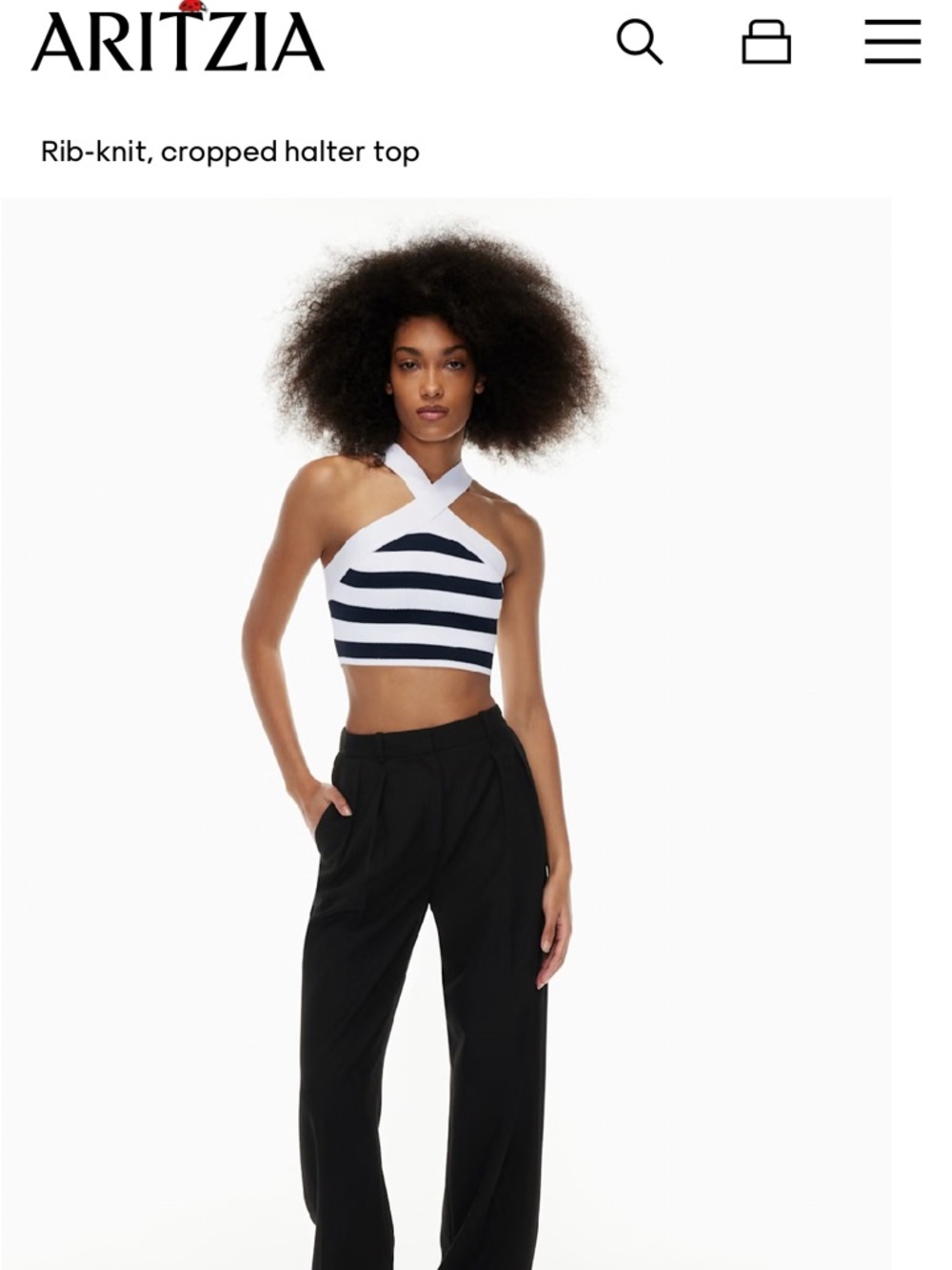 Babaton White & Navy Striped Rib-Knit Cropped Halter Top